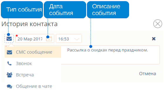 Как создать событие в истории контакта Как создать событие в истории контакта
